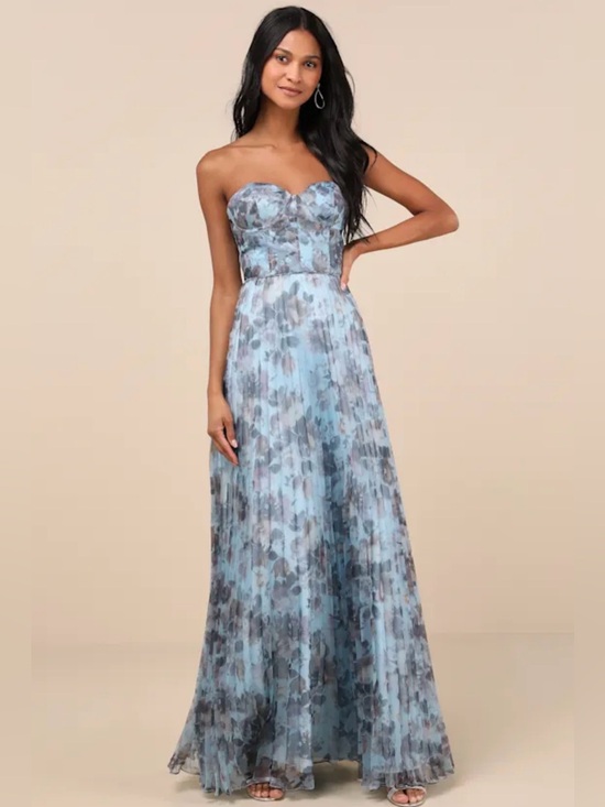 Lulus Dresses & Skirts - Lulu's Dusty Blue Floral Strapless Pleated Maxi Dress